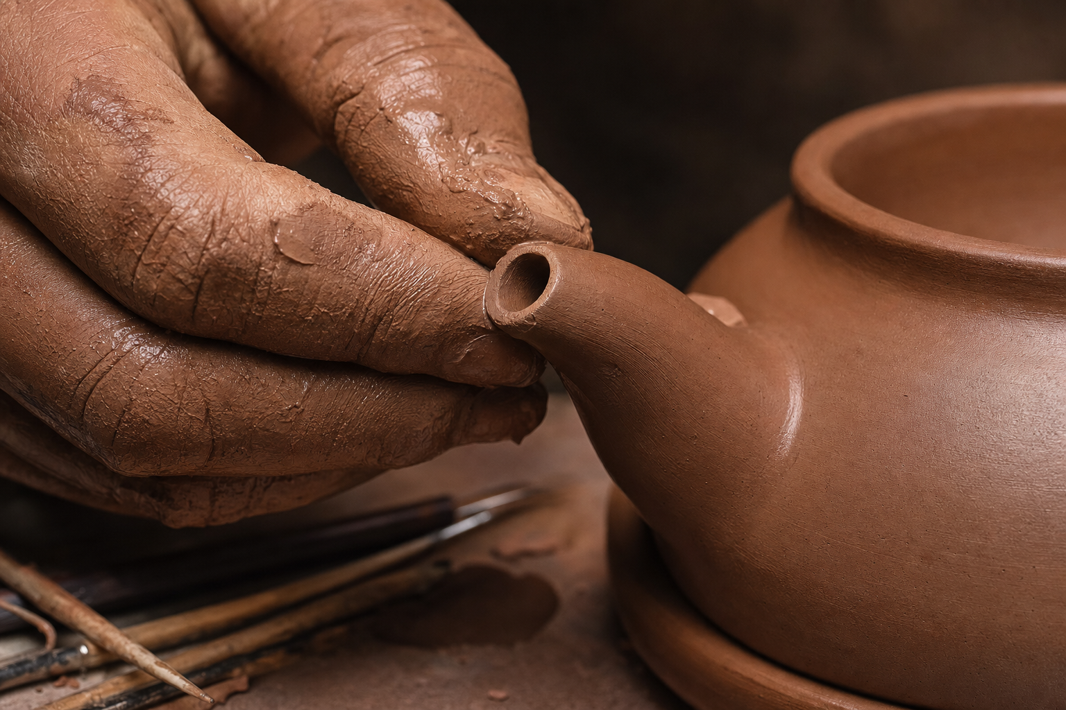 Artisan hand-trimming a teapot spout