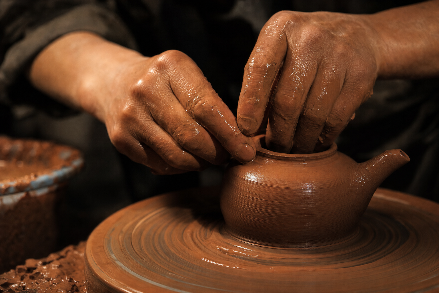 Artisan hand-throwing Zhuni clay on the wheel